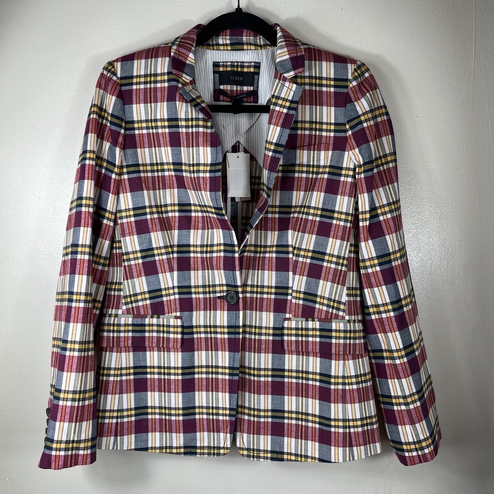 J Crew Women's Regent Blazer Vintage Plaid Womens Size 4 New Cream Red Button